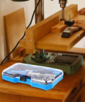 Gutsy Heavy Duty Ratchet Socket Wrench Kit With Extra Screwdriver Bits And A Snap Shut Carry Case on a workshop table.