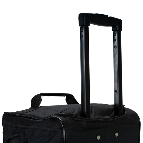 Rockland rolling duffel bag, black, 22-inch, side view with extended telescoping handle.