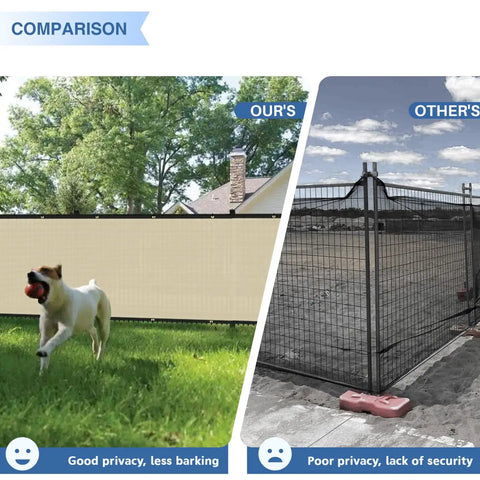 Comparison of beige privacy fence screen with dog in yard vs open wire fence, showcasing Beige Privacy Fence Screen 6 Foot By 50 Foot Outdoor Windscreen With Reinforced Grommets UV Blocking Privacy Barrier For Backyard Setup Garden Patio Durable HDPE Covering Includes Zip Ties.