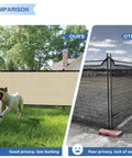 Comparison showing beige privacy fence screen with grommets 8 foot by 50 foot outdoor windscreen blocking view on left side.