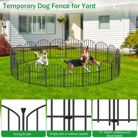 30 Pack Decorative Garden Fence Panels 17 Inch High Thirty One And A Half Foot Long Rustproof Metal No Dig Fence Animal Barrier For Dogs And Rabbits Anti Digging Edging For Flower Beds Yard Patio And Outdoor in use around dogs in yard.