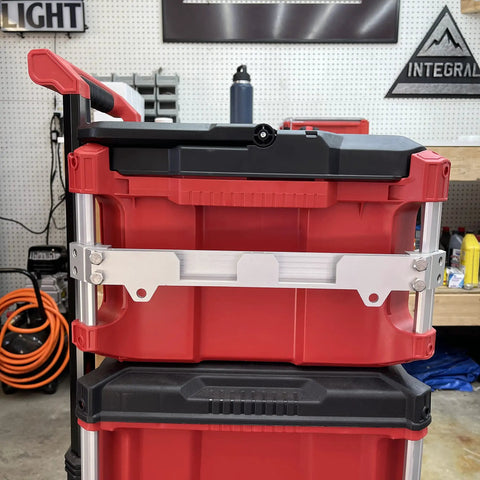 Packout Rail Mount For Milwaukee System, side mount tool rail on red and black boxes, reversible install, silver finish.