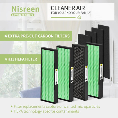 Upgraded HEPA Filter B Replacement for AC4825 Series Air Purifiers with 4 H13 Filters and 4 Pre-Filters displayed in a row