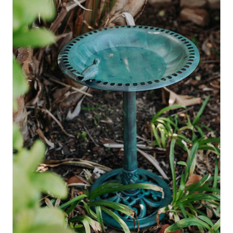 Outdoor Garden Bird Bath With Bird In Green Weather Resistant Polyresin 30 Inch Durable Yard Decor for Bird Lovers