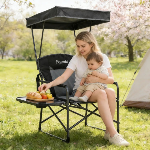 Woman with child using Heavy Duty Folding Camp Chair With Adjustable Canopy And Side Table, Oversized Directors Chair in park