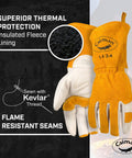 Premium Cow Grain Welding Gloves For MIG And Stick Kontour Design Cotton Fleece Insulation White And Gold Large Size