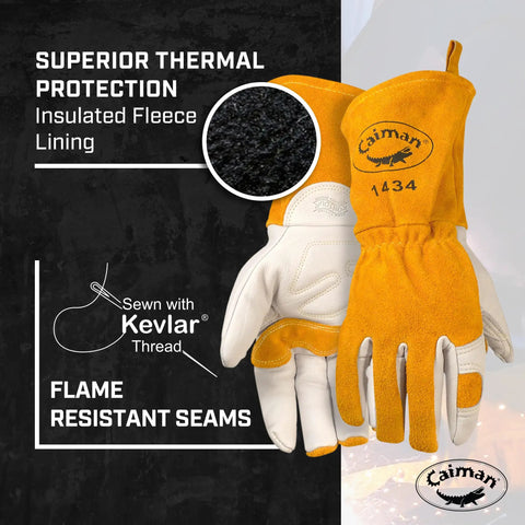 Premium Cow Grain Welding Gloves For MIG And Stick Kontour Design Cotton Fleece Insulation White And Gold Large Size