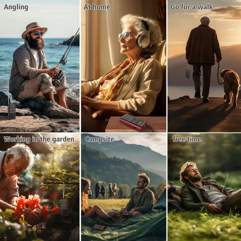 Various scenes with people using Pocket Mini FM Radio And MP3 Player With USB TF Card Support On The Go Walkman Style Wristband Radio.