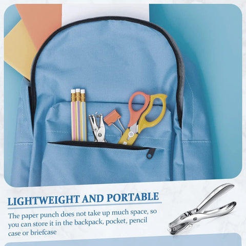 Backpack containing pencils, scissors, and a Set Of 36 Circle Hole Punches, 1 Hole Punch, 5 Sheet Capacity, Handheld Paper Puncher.