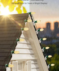 100 Pack Shingle Tab Light Clips For C7 And C9 Christmas Lights With Leaf Guard installed on roof shingles at sunset