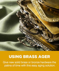 Brass patina solution product; assortment of ornate brass and bronze hardware pieces on green fabric