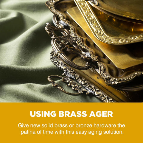 Brass patina solution product; assortment of ornate brass and bronze hardware pieces on green fabric