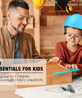 Child with adult using 26 Piece Kids Size Tool Set With 12 Inch Tool Bag For Boys And Girls Age 6 Plus Real Hand Tools.