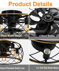 20 Inch Cage Ceiling Fan With Lights And Remote, Flush Mount Low Profile Farmhouse Ceiling Fan for Kitchen and Bedroom, Black and Gold Finish