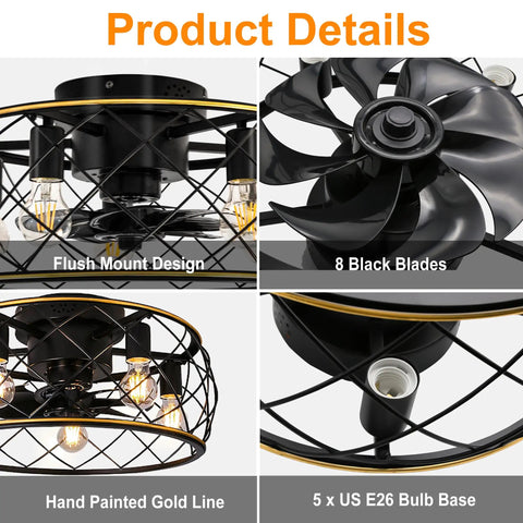 20 Inch Cage Ceiling Fan With Lights And Remote, Flush Mount Low Profile Farmhouse Ceiling Fan for Kitchen and Bedroom, Black and Gold Finish