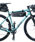 Mondego Frame Bag For Bike 4 Liter Mounted Storage Pack Lightweight And Durable With Reflective Details on loaded bike frame.