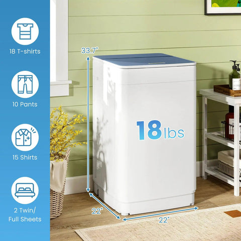 Compact Fully Automatic Washing Machine With Drain Pump 7 Wash Settings 4 Water Levels Portable Laundry Spin Doctor, dimensions illustration.