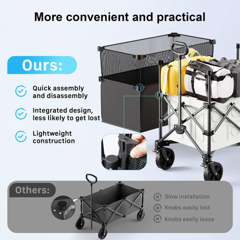 Heavy Duty Folding Wagon Cart With Brakes 39 Inch All Terrain Wheels Adjustable 150L To 300L Storage Capacity Up To 450 Lb Load For Camping Beach Garden And Shopping Hauls Groceries with quick assembly features