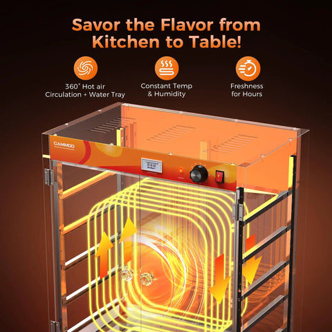 Top Shelf Heavy Duty Commercial Food Warmer Cabinet Featuring Spacious 133 Quart Five Tier Layout With Lightning Fast Nine Hundred Watt Rapid Heater, showing hot air circulation setup.