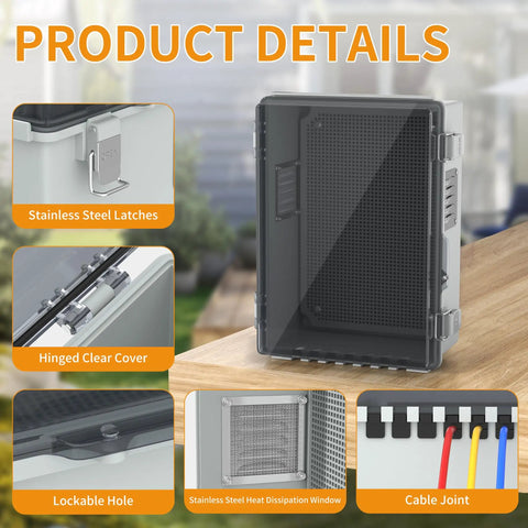 Outdoor Waterproof Electrical Junction Box IP67 Weatherproof Enclosure For Outdoor Wiring Dustproof And Ventilated For Heat Dissipation 11.8 By 6.7 By 5.6 Inches Tough As Nails All Weather Stainless Steel Shell with clear cover and latches
