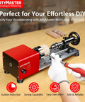 ArtyMaster mini wood lathe WM101M Plus front view; red benchtop lathe with wood piece and turning tools.