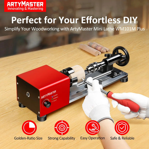 ArtyMaster mini wood lathe WM101M Plus front view; red benchtop lathe with wood piece and turning tools.