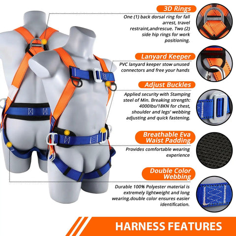 Heavy Duty Full Body Safety Harness For Construction Crews Adjustable Fall Protection Gear Durable Roofing Rig with secure locks and padding.