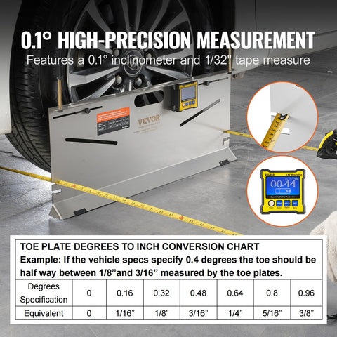 Wheel Alignment Tool 2 Pack Toe Plates With Camber Caster Toe Gauge 0.1 Degree Accuracy, showing alignment setup on wheel.