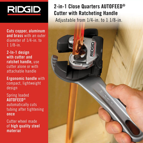 2-In-1 Close Quarters Tubing Cutter With Auto Feed For 1/4 To 1-1/8 Inch Copper, Brass, And Aluminum Tubing, Compact Auto-Feed Cutter Delivers Clean, Precise Cuts In Tight Spaces For Pros