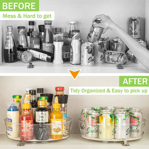 Round 12 Inch Lazy Susan Organizer With Non Skid Liners And Handle showing before and after pantry organization