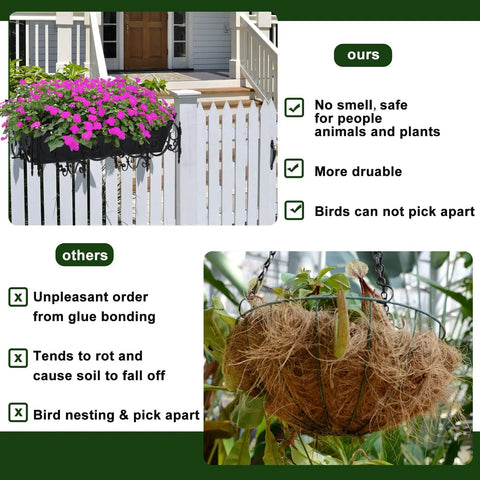 Comparison of black felt window box liner with flowers on a railing versus a hanging basket liner; benefits of using felt liner.