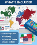 World Flags Flashcards Set With 245 Countries, Geography Game With World Map, box, cards, map, and instructions included