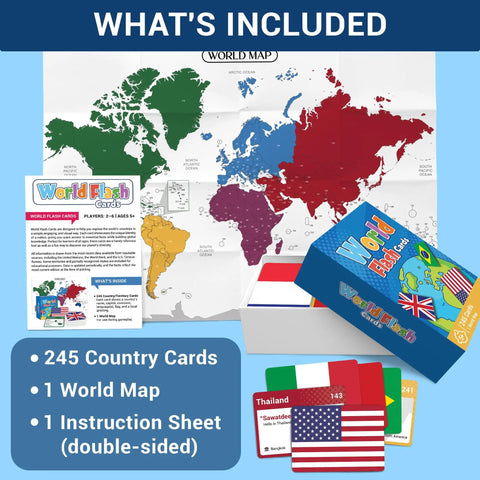 World Flags Flashcards Set With 245 Countries, Geography Game With World Map, box, cards, map, and instructions included