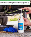 Heavy Duty Fluid Transfer Pump With 28 Mm Bottle Adapter and Long Flexible Tube in use to change oil under vehicle.