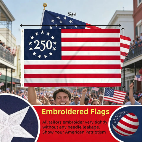 All American 250th Anniversary Betsy Ross 3x5 US Flag For Outdoor Use, Heavy Duty Nylon With Sewn Stripes, Embroidered 250 Center