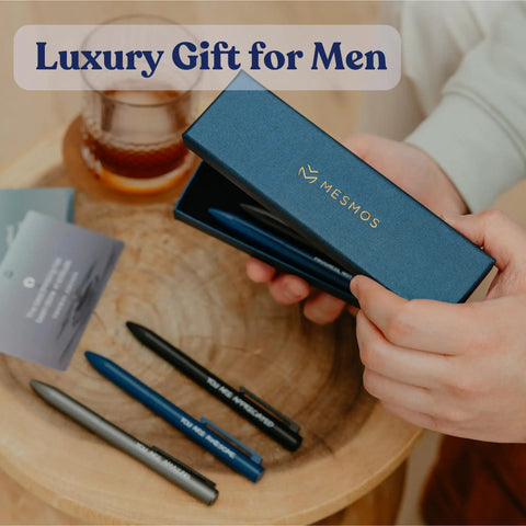 Gift box being opened to reveal Three Pack Luxury Metal Ballpoint Pens Set For Teachers And Pros, Dope Desk Accessory Gift Ideas