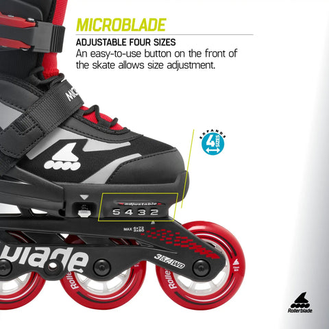 Close-up of Microblade Kids Adjustable Fitness Inline Skates showing four-size system in sleek black and red shell.