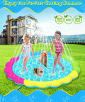 Two kids and dogs playing in 67 Inch Anti Slip Splash Pad For Kiddos And Dogs Thickened Zero Point Five Five Millimeter Durable Backyard Water Play Mat Colorful Summer Outdoor Toy No Slip Surface For Safe Wet Fun On Lawn Pool Garden