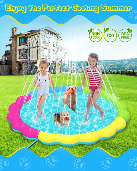 Two kids and dogs playing in 67 Inch Anti Slip Splash Pad For Kiddos And Dogs Thickened Zero Point Five Five Millimeter Durable Backyard Water Play Mat Colorful Summer Outdoor Toy No Slip Surface For Safe Wet Fun On Lawn Pool Garden