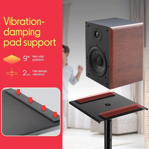 Beefy Speaker Stands Pair For Sonos Play 1 And Play 3, Telescoping From 26 To 52 Inches, shown with vibration-damping pad support.