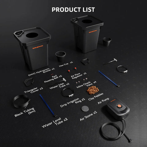 Deep Water Culture DWC Hydroponics Grow System With 7-Gallon Capacity, showing buckets, air pump, and components on floor.
