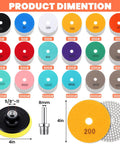 Snag This Awesome Twenty Pack Of Four Inch Wet Dry Diamond Polishing Pads Set Perfect For Grinding To Mirror Shine On Granite Marble Quartz Concrete Stone Includes All Grits Thirty To Ten Thousand Backer Pad Adapter And Wool Disc in various grit sizes with adapter and backer pad.