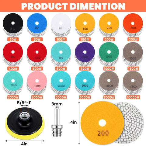 Snag This Awesome Twenty Pack Of Four Inch Wet Dry Diamond Polishing Pads Set Perfect For Grinding To Mirror Shine On Granite Marble Quartz Concrete Stone Includes All Grits Thirty To Ten Thousand Backer Pad Adapter And Wool Disc in various grit sizes with adapter and backer pad.