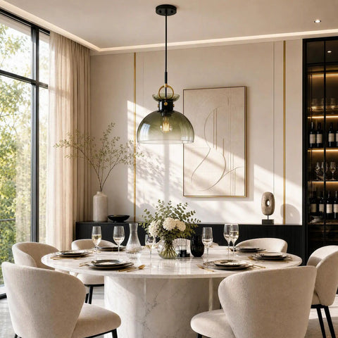 Tribesigns 11" Modern Pendant Lighting with Gradient Green Glass Shade hanging above a stylish dining table.