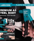Heavy Duty Steel Plastic Rivet Gun Kit with Ergonomic Anti Slip Handle and Flush Cutter, premium A3 steel body for DIY auto repairs.