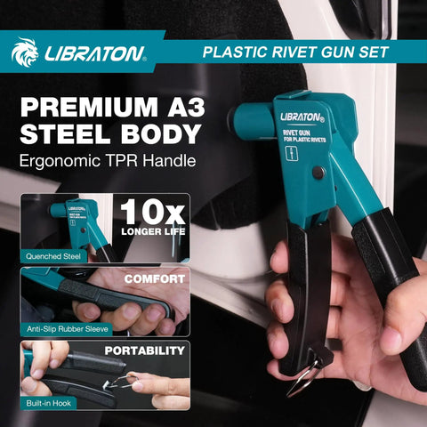 Heavy Duty Steel Plastic Rivet Gun Kit with Ergonomic Anti Slip Handle and Flush Cutter, premium A3 steel body for DIY auto repairs.