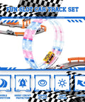 Colorful slot car track set with LED light loop and racing cars, 9.86Ft 2-In-1 Slot Car Track Set With Four Cars Dual Racing Mode Battery Or Electric Power Includes Lap Counter And Flash Circular Track Great Gift For Boys Birthday Xmas Toy Car Racing.