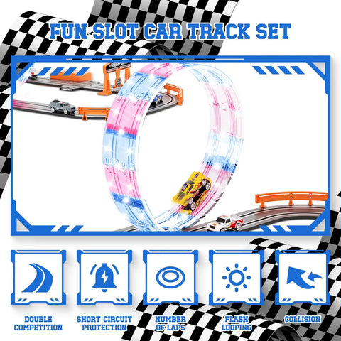 Colorful slot car track set with LED light loop and racing cars, 9.86Ft 2-In-1 Slot Car Track Set With Four Cars Dual Racing Mode Battery Or Electric Power Includes Lap Counter And Flash Circular Track Great Gift For Boys Birthday Xmas Toy Car Racing.