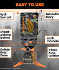 Fast Boil Camping Stove With One Step Auto Ignition For Backpacking 1.0L Portable Propane Isobutane Burner with labeled features.