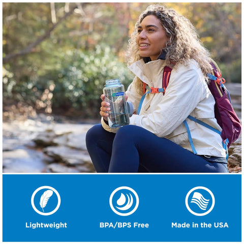 Person holding 32 Oz Wide Mouth Hydration Bottle For Everyday Use, Leak Proof And BPA Free, outdoors with backpack.